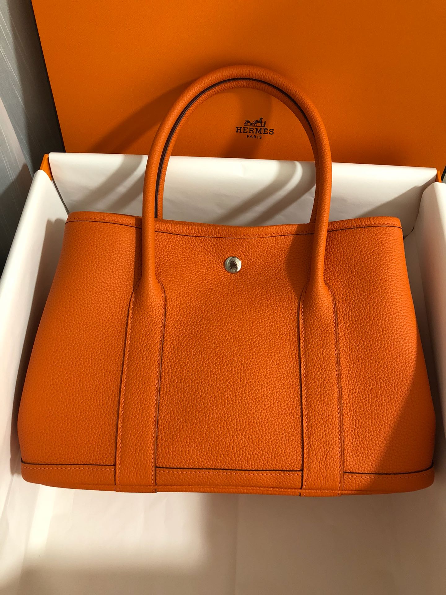 Hermes Garden Party 30cm Tote Handbag In Feu Orange Clemence Leather